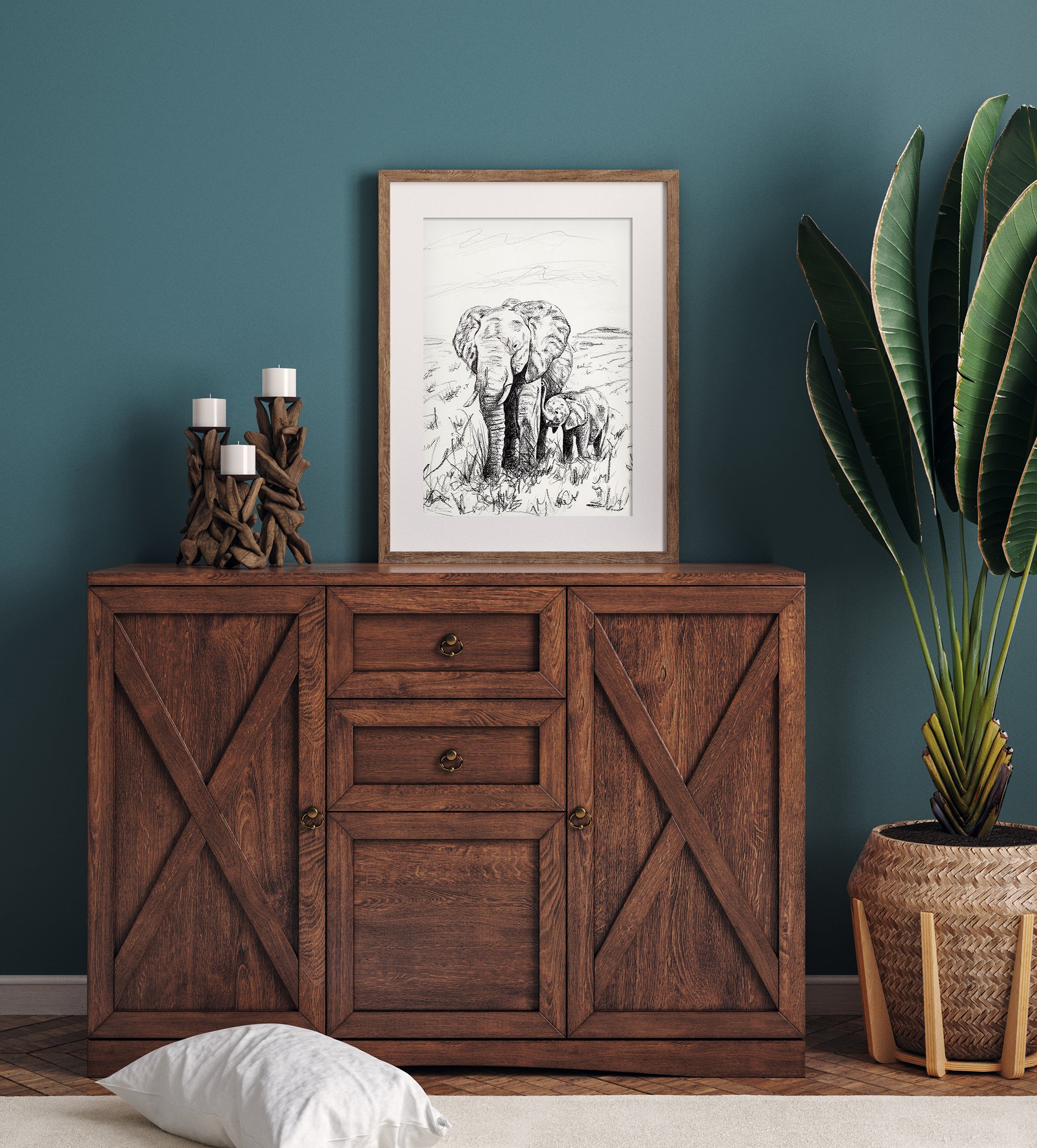 Charcoal Drawing of Elephants in Bedroom