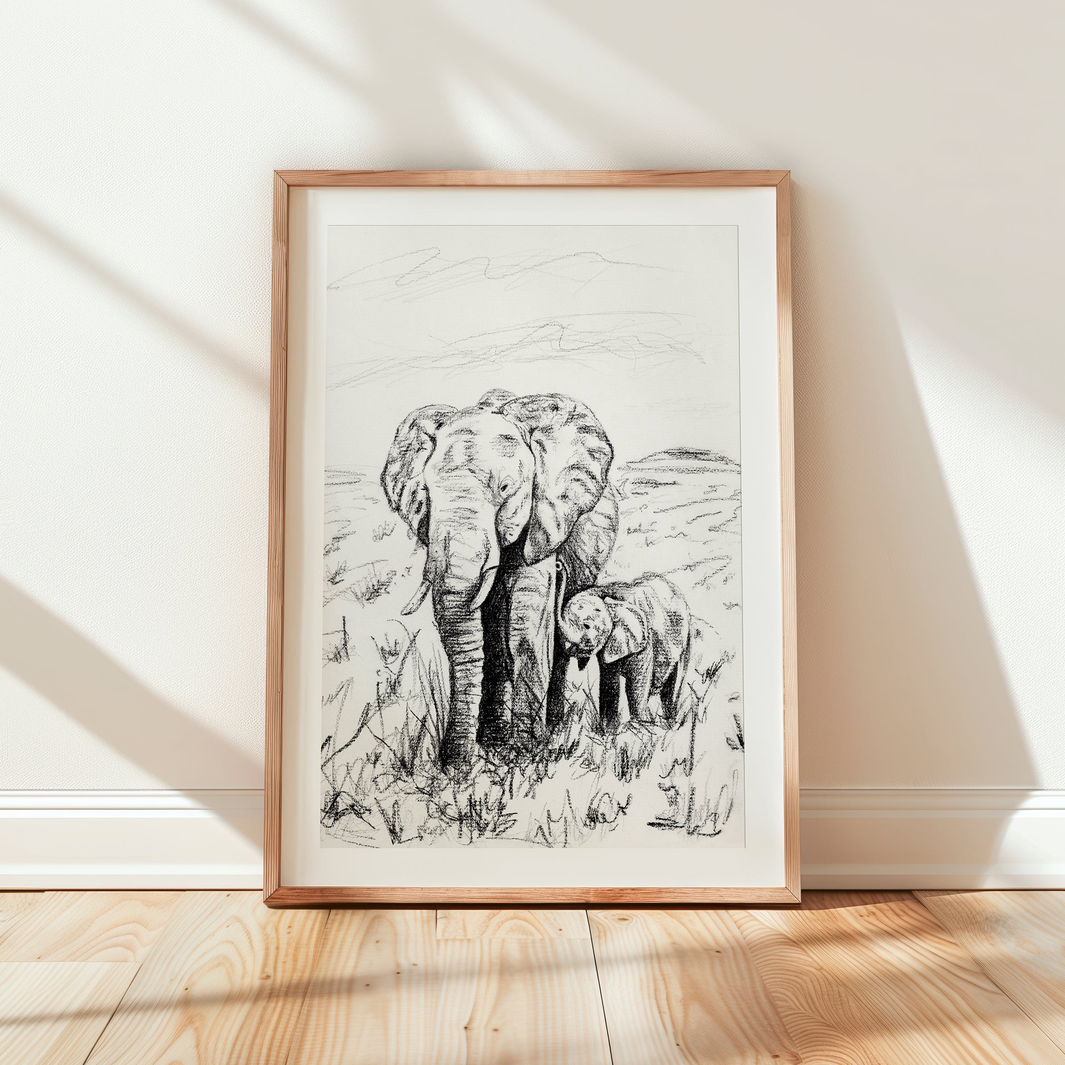 African Elephants Charcoal Drawing - Art Print
